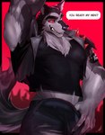 2024 anthro biped black_body black_fur bulge canid canid_demon canine claws clothed clothing demon detailed_bulge digital_media_(artwork) english_text erection erection_under_clothing finger_claws fur genital_outline grey_body grey_fur hellhound helluva_boss hi_res ig1119 looking_at_viewer male mammal multicolored_body multicolored_fur muscular muscular_anthro muscular_male mythological_canine mythological_creature mythology penis_outline raised_arm red_sclera sharp_teeth smile smiling_at_viewer solo teeth text two_tone_body two_tone_fur vortex_(helluva_boss) white_eyes