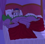 bed blindfold blue_eyes blush duo eyemask eyes_closed eyewear eyewear_on_head female furniture hair horn male mask pillow purple_hair sleep_mask sleeping tail carniscorner friendship_is_magic hasbro my_little_pony mythology rarity_(mlp) spike_(mlp) dragon equid equine mammal mythological_creature mythological_equine mythological_scalie scalie unicorn 2014