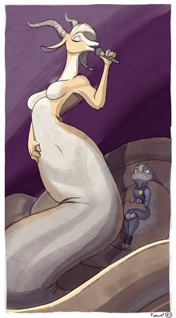alternate_species anthro apode blonde_hair breasts clothing coiling coiling_another curved_horn duo ears_down electronics eyes_closed featureless_breasts female female/female female_anthro female_taur fur gradient_background grey_body grey_fur hair half-closed_eyes holding_microphone holding_object horn interspecies larger_anthro larger_female legless long_hair microphone multicolored_body narrowed_eyes non-mammal_breasts nude pivoted_ears police police_uniform purple_background purple_eyes scales serpentine simple_background singing size_difference smaller_anthro smaller_female smile split_form tan_body tan_scales two_tone_body uniform wide_hips foxard disney zootopia gazelle_(zootopia) judy_hopps antelope bovid draconcopode european_rabbit gazelle lagomorph lamia leporid mammal oryctolagus rabbit reptile scalie snake taur absurd_res hi_res