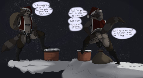 after_sex anthro balls_outline belt bodily_fluids body_hair boots bulge butt butt_hair chaps cheek_tuft chest_hair chimney christmas_clothing christmas_headwear clothing cum cum_in_ass cum_inside detailed_bulge ear_piercing ear_ring facial_tuft fluffy fluffy_tail footwear genital_fluids genital_outline hat headgear headwear holidays jockstrap leaking_cum male night penis_outline piercing presenting presenting_hindquarters pubes ring_piercing rooftop santa's_sack santa_hat shoes sky solo star tail text topwear tuft underwear vest marcofox christmas mammal procyonid raccoon english_text hi_res