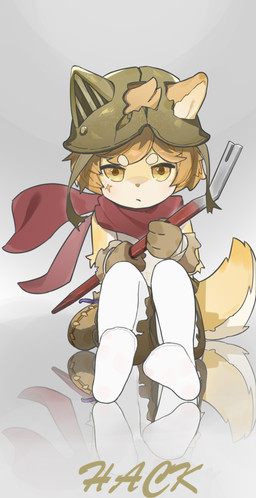 anthro armor bag bent_legs blonde_hair blush blush_lines bottomwear brown_bottomwear brown_clothing brown_nose brown_shorts circle_eyebrows clothed clothing crowbar eyebrows feet fur gloves grey_background hair handwear headgear helmet legwear looking_at_viewer male multicolored_body multicolored_fur nylon_stockings partially_clothed pouting red_scarf reflection scar scarf shirtless shorts simple_background sitting solo stockings tail tan_body tan_fur text tights tools translucent translucent_clothing translucent_leggings translucent_legwear translucent_stockings two_tone_body two_tone_fur white_body white_clothing white_fur white_legwear white_stockings yellow_eyes young young_anthro young_male traumerei cyberconnect2 fuga:_melodies_of_steel little_tail_bronx hack_montblanc canid canine caninu canis domestic_dog herding_dog mammal pastoral_dog welsh_corgi hi_res