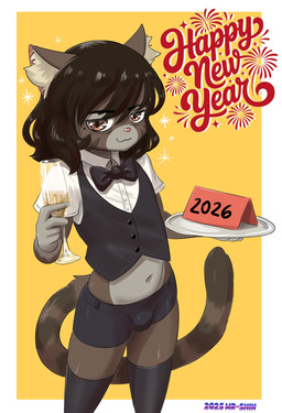 absolute_territory anthro black_bottomwear black_bow_tie black_clothing black_legwear black_shorts black_stockings black_topwear black_vest border bottomwear bow_tie brown_eyes bulge champagne_glass clothing collared_shirt container cup dress_shirt drinking_glass eye_bags fur glass glass_container glass_cup grey_body grey_fur half-closed_eyes holidays inner_ear_fluff legwear looking_at_viewer male markings midriff mole_(marking) narrowed_eyes pink_inner_ear pink_nose serving_tray shirt shorts simple_background smile smirk solo stockings tight_clothing topwear tuft vest white_border white_clothing white_inner_ear_fluff white_shirt white_topwear yellow_background mr-shin new_year new_year_2026 cat_sona_(mr-shin) domestic_cat felid feline felis mammal 2025 hi_res