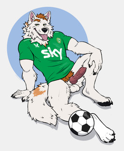 animal_genitalia animal_penis anthro ball balls bottomless bottomless_anthro bottomless_male canine_genitalia canine_penis clothed clothing erection fur genitals green_eyes hair jersey knot knotted_penis male male_anthro muscular muscular_anthro muscular_male open_mouth open_smile orange_body orange_fur orange_hair pawpads penis pink_penis sheath shirt simple_background sitting smile smiling_at_viewer soccer_ball soccer_jersey solo tail teeth tongue tongue_out topwear vein veiny_penis whisker_spots white_body white_fur labradorszn canid canine canis domestic_dog mammal 2025 hi_res