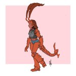 border bottomwear clothing female hair orange_sclera pink_background red_hair shorts simple_background sleeveless_shirt smile solo walking white_border yellow_eyes bigmsaxon arthropod crustacean humanoid marine monster rust_monster 1:1 full-length_portrait hi_res portrait