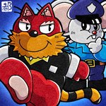 black_eyes blue_background clothing fur police police_hat police_uniform red_body red_fur simple_background smile uniform white_body white_fur sta_thoughtless bandai_namco mappy mappy-land goro_(mappy) mappy_(character) house_mouse mammal mouse murid murine rodent 1:1 low_res