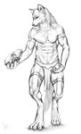 abs anthro bottomwear clothed clothing front_view hair holding_skull loincloth male mouth_closed navel pecs solo standing topless khyaber canid canine canis mammal wolf full-length_portrait hi_res monochrome portrait