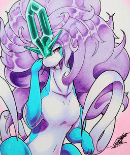 ambiguous_gender blue_body blush blush_lines eyebrows eyelashes feral hair looking_at_viewer navel one_eye_closed paws pink_eyes purple_hair ribbons_(anatomy) simple_background sitting solo tired 025aki nintendo pokemon generation_2_pokemon legendary_pokemon pokemon_(species) suicune 2026 absurd_res hi_res signature