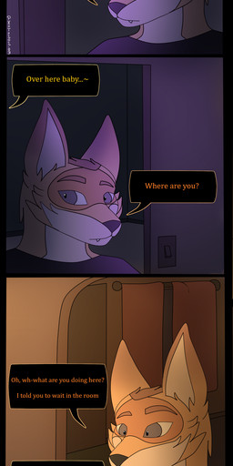 anthro bedroom clothed clothing dialogue kitchen looking_down male simple_background solo talking_to_another text photolol.03 guadalupe_(photolol.03) canid canine canis fox mammal absurd_res comic english_text hi_res