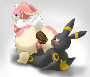 ambiguous_gender ambiguous_pooping anthro anus black_body black_fur blue_eyes blush bodily_fluids bottomless bottomless_ambiguous bottomless_anthro brown_eyes butt clothed clothing crouching duo erection feces fur genitals gloves_(marking) half-closed_eyes hat headgear headwear looking_at_another looking_back looking_back_at_another looking_up_at_another lying male markings narrowed_eyes nervous nurse_clothing nurse_hat nurse_headwear on_back penis pink_body pink_fur pooping pooping_on_another scatplay scut_tail shadow shirt short_tail simple_background smile sweat tail tan_body tan_fur topwear white_background white_body white_clothing white_fur white_shirt white_topwear yellow_body yellow_fur drain_scat nintendo pokemon audino eeveelution generation_2_pokemon generation_5_pokemon pokemon_(species) umbreon hi_res