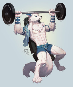 abs anthro bench_press bodily_fluids clothed clothing exercise fur male muscular muscular_anthro muscular_male pecs solo sweat tattoo topless towel weightlifting weights workout ds_desha canid canine canis mammal wolf absurd_res hi_res