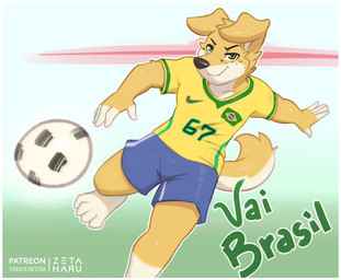 anthro ball bottomwear brazilian_flag clothed clothing feet fingers fur green_eyes male shirt shorts smile soccer soccer_ball solo sport sportswear tail text toes topwear zeta-haru joel_mustard bird_dog canid canine canis domestic_dog golden_retriever hunting_dog mammal retriever digital_media_(artwork) portuguese_text