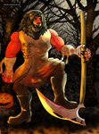 anthro bandage bandaged_arm big_muscles black_hair black_mane boots brown_body brown_fur clothing facial_piercing footwear fur hair holidays jack-o'-lantern looking_at_viewer male mane melee_weapon muscular muscular_anthro muscular_male nose_piercing piercing polearm scythe shoes sleeveless_jacket solo tan_body tan_fur text weapon kirlanlion halloween kirlan felid lion mammal pantherine absurd_res hi_res url