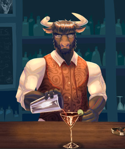 anthro ashtray bangs bar_counter bottle broken_horn clothed clothed_anthro clothed_male clothing cocktail_glass cocktail_shaker container counter cup dark_body dark_fur drinking_glass eyewear facial_piercing front_view fur glass glass_container glass_cup glasses holding_object horn inside looking_at_viewer male male_anthro muscular muscular_male nose_piercing nose_ring piercing pink_nose pose ring_piercing serious_face shirt solo topwear vest wearing_glasses white_clothing white_horn white_shirt white_topwear m1n3rvazz bovid bovine cattle mammal digital_media_(artwork) digital_painting_(artwork) half-length_portrait painting_(artwork) portrait shaded soft_shading
