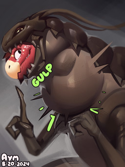 almost_fully_inside brown_body duo feral gesture hand_gesture head_in_mouth male neck_bulge pointing pointing_at_another simple_background swallowing vore yellow_sclera aymbord men_in_black edgar_the_bug alien arthropod orthopterous_exomorphs 2024