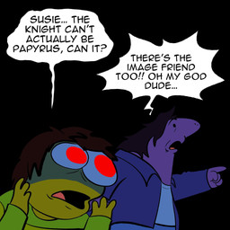 ambiguous_gender anthro asking asking_another big_eyes big_nose biped black_background black_hair black_mouth blue_bottomwear blue_clothing blue_pants bottomwear clothed clothed_ambiguous clothed_anthro clothed_human clothing comic_panel dialogue duo ellipsis exclamation_point front_view gesture green_clothing green_sweater green_topwear hair hand_gesture humor in_denial interjection jacket low-angle_view name_in_dialogue night oh_my_god outside pants parody pink_tongue pointing pointy_speech_bubble purple_body purple_clothing purple_jacket purple_scales purple_topwear scales shirt shocked simple_background speech_bubble standing style_emulation sweater text three-quarter_view tongue topwear wavy_speech_bubble white_clothing white_shirt white_speech_bubble white_topwear wide_eyed yellow_body yellow_skin yes-no_question radicalmammajamma adult_swim cartoon_network deltarune smiling_friends undertale_(series) charlie_dompler kris_dreemurr pim_pimling susie_(deltarune) critter_(smiling_friends) human mammal monster scalie 1:1 2025 colored digital_drawing_(artwork) digital_media_(artwork) english_text half-length_portrait hi_res portrait female_(lore)