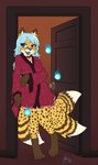 5_toes absurd_res anthro antiroo asian_clothing asian_mythology barefoot bell blue_eyes blue_hair blue_nose blue_pawpads blue_tongue canid canine cheetah claws clothed clothing collar digital_media_(artwork) digitigrade door doorknob doorway east_asian_clothing east_asian_mythology eyewear feet felid feline female fox fox_spirit glasses hair heterochromia hi_res hybrid japanese_clothing kimono kitsunebi long_hair mammal multi_tail mythology neko_ed nonbinary_(lore) open_door open_mouth pawpads paws red_eyes shaded solo standing_in_doorway tail teeth toes tongue trans_(lore) trans_woman_(lore)