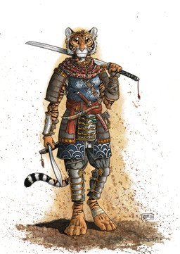 4_toes 5_fingers abstract_background anthro armor barefoot belt black_stripes bottomwear buckle claws clothed clothing cuirass dagger dart digitigrade ear_piercing ear_ring feet female fingers foot_wraps fur holding_melee_weapon holding_object holding_sword holding_weapon jewelry looking_at_viewer markings melee_weapon necklace orange_body orange_eyes orange_fur pants piercing poleyn rerebrace ring_piercing scabbard scar scarf schynbalds shadow smile solo straps striped_body striped_fur striped_markings striped_tail stripes sword tail tail_markings tassets toes vambrace weapon wraps 0laffson zinaida_(thelastkhajiit) felid mammal pantherine tiger 2020 dated hi_res painting_(artwork) signature traditional_media_(artwork) traditional_painting_(artwork) traditional_watercolor_(artwork) watercolor_(artwork)
