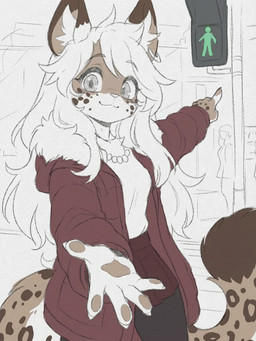 anthro black_clothing black_legwear black_pantyhose bottomwear clothing dark_clothing eyelashes female fur gesture grey_eyes hair hand_gesture inviting jewelry legwear long_eyelashes long_hair long_tail markings necklace pantyhose pointing red_clothing simple_background skirt solo spots spotted_body spotted_face spotted_fur spotted_markings spotted_tail standing tail tail_markings traffic_light white_clothing white_hair eneki_sei felid mammal pantherine snow_leopard 3:4