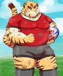 anthro belly blush bodily_fluids bottomwear clothing cute_fangs fangs humanoid_hands kemono male outside overweight overweight_male rugby rugby_ball shirt shorts solo sweat teeth topwear mohumohudansi felid mammal pantherine tiger 2022 5:6 hi_res