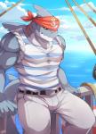 anthro belt biceps big_muscles black_sclera boat bottomwear bulge clothed clothing detailed_background fully_clothed headgear headkerchief headwear kerchief male muscular muscular_anthro muscular_male outside pants pirate pupils scar sea seascape shirt sky slit_pupils solo tank_top topwear vehicle water watercraft yellow_eyes rabbity fish marine shark 2014 digital_media_(artwork)