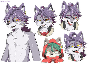 anthro clothed clothing eyes_closed eyewear food fur green_hair grey_body grey_fur hair hood looking_at_viewer male monocle multicolored_body multicolored_fur multiple_poses plant pose purple_hair red_clothing red_hood simple_background solo tongue tongue_out topless topless_anthro topless_male topwear two_tone_body two_tone_fur white_body white_fur yellow_eyes leaflizard0903 compass_(combat_providence_analysis_system) charles_richter_(compass) canid canine canis mammal wolf 2026 hi_res