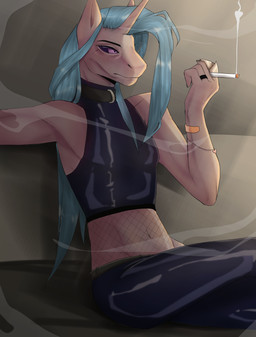 anthro biped black_sclera blue_hair cigarette clothed clothed_anthro clothed_male clothing femboy fishnet_clothing fishnet_topwear hair horn latex long_hair male male_anthro midriff pose ring sitting smoke smoking smoking_cigarette solo three-quarter_view topwear unknown_artist mythology equid equine mammal mythological_creature mythological_equine unicorn digital_drawing_(artwork) digital_media_(artwork) hi_res portrait shaded simple_shading three-quarter_portrait