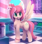 bracelet cutie_mark detailed_background ear_twitch feathered_wings feathers female feral fur green_eyes hair highlights_(coloring) hooves inside jewelry pink_body pink_fur pink_hair smile solo standing wings rodrigues404 hasbro my_little_pony mythology fan_character equid equine mammal mythological_creature mythological_equine pegasus animated short_playtime