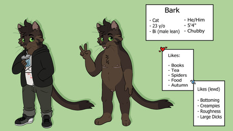 andromorph anthro brown_body brown_fur clothing drinking footwear fur genitals gesture green_background hand_gesture intersex jacket mastectomy_scar nude scar shoes simple_background slightly_chubby smile solo text topwear v_sign vulva barkfur_(artist) bark_(barkfur) domestic_cat felid feline felis mammal 16:9 2020 english_text hi_res model_sheet widescreen trans_(lore) trans_man_(lore)