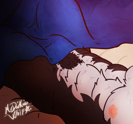 anthro athletic athletic_male bed bed_sheet bedding bulge furniture male nipples pecs presenting pubes solo warm_lighting mrdarknesswolf dantalos canid canine canis demon hybrid mammal wolf hi_res warm_colors