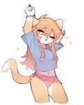 anthro blue_bracelet blue_clothing blue_shirt blue_topwear bracelet clothing countershading digital_pen female fur hair jewelry long_hair one_eye_closed panties pink_clothing pink_panties pink_underwear red_eyes shirt solo star topwear underwear white_body white_fur yellow_body yellow_fur crayon_(artist) domestic_cat felid feline felis mammal hi_res