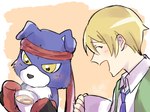 accessory anthro beverage blue_body blue_fur blush clothing container cup duo fur headband male necktie smile tea tea_cup topwear vest yellow_eyes gotm_tknr bandai_namco digimon digimon_data_squad thomas_norstein canid canine digimon_(species) gaomon human mammal 4:3 hi_res