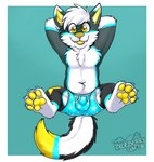 anthro balls_outline biped black_body black_ears black_fur blep blue_body blue_claws blue_clothing blue_ears blue_fur blue_underwear boxer_briefs bulge cheek_tuft chest_tuft claws clothed clothing cute_fangs cyan_background detailed_bulge digitigrade dipstick_ears dipstick_tail ear_markings ear_tuft eyebrow_through_hair eyebrows facial_tuft fangs feet foot_focus fur genital_outline hair hands_behind_head inner_ear_fluff looking_at_viewer male markings multicolored_ears multicolored_tail partially_clothed pawpads paws presenting presenting_bulge sheath_outline simple_background solo star star_pattern tail tail_markings teeth toe_claws tongue tongue_out translucent translucent_hair tuft underwear whiskers white_body white_ears white_fur white_hair white_inner_ear yellow_body yellow_eyes yellow_fur yellow_inner_ear yellow_nose yellow_pawpads yellow_tongue gaokun canid canine mammal 2021 hi_res watermark