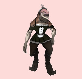 3_fingers 3_toes ambiguous_gender anthro bonnet claws clothing digitigrade dress feet finger_claws fingers fishnet_clothing fishnet_leggings fishnet_legwear flat_chested headgear headwear leggings legwear maid_uniform pupils quill_hair short_dress slit_pupils solo teeth toe_claws toes uniform yellow_eyes linguiniart halo_(series) microsoft xbox_game_studios alien ibie'shan kig-yar scalie absurd_res colored hi_res