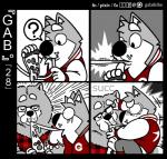 5_fingers anthro barefoot base_two_layout black_border border bottomwear canid canine canis cheek_tuft chest_tuft chow_chow clothed clothing comic domestic_dog duo eating eyebrows eyes_closed eyewear facial_tuft feet fingers food four_frame_grid four_frame_image fully_clothed gab_(comic) gab_shiba gabshiba glasses grid_layout holding_object imminent_kiss jacket male mammal pants pizza question_mark regular_grid_layout shiba_inu smile sound_effects spitz struggling surprise topwear tuft two_row_layout wang_chow whiskers