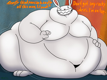 anthro aroused aroused_face aroused_smile belly big_belly dialogue huge_belly hyper hyper_belly imminent_sex looking_at_viewer male moobs morbidly_obese morbidly_obese_male nude obese obese_male overweight overweight_male sharp_teeth smile smiling_at_viewer solo talking_to_viewer teeth m4n sam_and_max max_(sam_and_max) lagomorph leporid mammal rabbit 4:3 hi_res