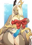 anthro big_breasts blonde_hair breasts brown_body claws countershading female genitals gift gold_(metal) hair holidays horn looking_at_viewer non-mammal_breasts nude penis pose ribbons smile solo strapon tail tan_body tan_countershading yellow_eyes rrevolight christmas mythology olivia_(slaya4900) dragon mythological_creature mythological_scalie scalie digital_media_(artwork) hi_res pinup