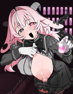 2_horns :d animal_ears areola backward-facing_horns bell big_breasts black_bottomwear black_bow_tie black_clothing black_ear_ring black_eyes black_horn black_legwear black_mouth black_saliva black_skirt black_stockings black_tail blush blush_lines bodily_fluids bottomwear bovid_horn bow_tie breasts caprine_horn clothing colored_saliva container cup drinking_glass dripping ear_piercing exposed_breasts female floppy_ears glass glass_container glass_cup glistening glistening_breasts gloves goat_ears goat_horn grey_horn grey_spots hair handwear heterochromia highlights_(coloring) hole_in_ear horn huge_breasts inside leaning leaning_forward legwear lizard_tail long_hair looking_at_viewer markings neck_bell nipple_outline nipples notched_ear one_breast_out open_mouth piercing pink_ears pink_eyes pink_hair pink_liquid pupils saliva saliva_drip saliva_on_face shot_glass skirt smile solo spots spotted_markings spotted_tail stockings sweat sweatdrop sweaty_breasts sweaty_nipples tail tail_markings thick_tail unusual_bodily_fluids unusual_saliva white_clothing white_gloves white_handwear white_highlights white_pupils hiyoko_spot pukey_goddess_shot_trick femme_soule demon demon_humanoid humanoid absurd_res hi_res