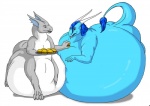 anthro ball belly big_breasts blue_hair breasts brown_eyes burger cane clothing duo eating feeding female food gas hair inflation lying_on_self male non-mammal_breasts overweight pump resting_on_belly roleplay stuffing tail water lowrider-girl mythology larissa_(lowrider-girl) dragon dragon_taur mythological_creature mythological_scalie scalie taur