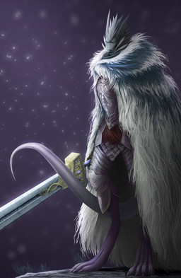 anthro armor black_body black_fur cape clothing digitigrade fur fur_cape fur_clothing greatsword long_tail male melee_weapon plate_armor prehensile_tail snow solo sword tail weapon thewyvernsweaver elden_ring fromsoftware last_fables blaidd_(elden_ring) the_slayer_(last_fables) canid canine canis mammal wolf 2022 hi_res