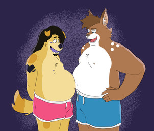 anthro belly_press clothing facial_hair floppy_ears hair long_hair male male_anthro overweight overweight_anthro overweight_male shy tattoo ty_pesh reany_(reanyx3) bird_dog canid canine canis domestic_dog hunting_dog lagomorph mammal retriever