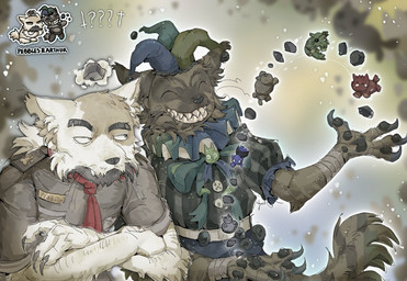 4_claws 4_fingers accessory anthro biped brown_body brown_fur claws clothed clothing duo_focus eyes_closed fingers fool's_hat fur group hat headgear headwear jester jester_outfit male necktie pawpads paws sharp_teeth smile teeth text cloudy_mark mewgenics arthur_(mewgenics) fenrir_(mewgenics) guillotina_(mewgenics) lucy_(mewgenics) magnus_(mewgenics) maisie_(mewgenics) pebbles_(mewgenics) domestic_cat felid feline felis mammal digital_media_(artwork) hi_res