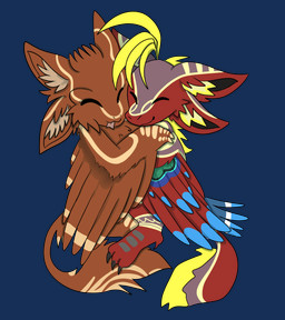 anthro beverage blep coffee duo hug male male/male puppawlogy tongue tongue_out cozzyavali phenix avali avian bird alpha_channel hi_res