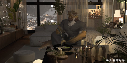 anthro bottomwear bowl brown_body brown_fur brown_hair candle clothed clothing container food fur grey_bottomwear grey_clothing grey_pants grey_shirt grey_t-shirt grey_topwear hair male male_anthro mouth_closed muscular muscular_anthro muscular_male pants plant plant_pot potted_plant shirt short_hair sitting solo t-shirt tight_clothing tight_shirt tight_t-shirt tight_topwear topwear white_body white_fur yellow_eyes awaldkize canid canine mammal 2025 absurd_res dated detailed hi_res signature