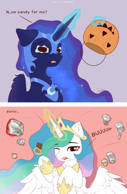 1_horn blue_hair burping candy chocolate crown dessert dialogue eating eyelashes feathered_wings feathers female female_feral feral food glowing glowing_horn gold_(metal) gold_tiara hair headgear highlights_(coloring) holidays horn levitation magic monotone_background multicolored_hair one_eye_closed open_mouth pink_background pumpkin_basket purple_back purple_background purple_body purple_highlights purple_horn purple_wings quadruped sad simple_background solo sparkles sparkling_hair spiral_horn spread_wings teary_eyes text tiara white_body white_horn white_wings wings nnalyart friendship_is_magic halloween hasbro my_little_pony mythology nightmare_moon_(mlp) princess_celestia_(mlp) equid equine mammal mythological_creature mythological_equine winged_unicorn absurd_res digital_drawing_(artwork) digital_media_(artwork) english_text flat_colors hi_res krita_(artwork) paintstorm_(artwork)