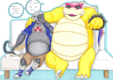 anthro belly clothing cuddling dialogue duo encouragement eyewear fangs food fur furniture glasses larger_male male obese overweight popcorn shirt simple_background size_difference sofa sunglasses t-shirt teeth text topwear weight_gain white_background prisonsuit-rabbitman mario_bros nintendo fan_character koopaling rakeesh roy_koopa dragon_koopa haplorhine koopa mammal monkey primate scalie 2016 absurd_res english_text hi_res traditional_media_(artwork)