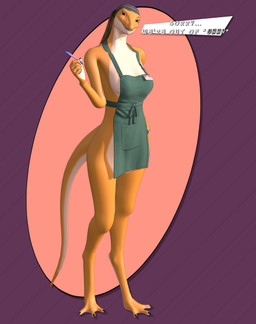apron apron_only barista black_eyes breasts clothed clothing dialogue fangs female hair humor multicolored_body name_tag orange_body ponytail simple_background solo tail teeth text two_tone_body adm clawdia_(adm) dinosaur prehistoric_species reptile scalie 3d_(artwork) absurd_res blender_(artwork) digital_media_(artwork) english_text hi_res