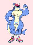 anthro blue_body bulge cleats clothing footwear hat headgear headwear male manly muscular muscular_male null_bulge null_symbol redesign shadowed_eyes shark_tail shoes sneakers solo thick_thighs tiburalgo tiburalgo_(character) bat fish hybrid mammal marine shark himbo 3:4 hi_res