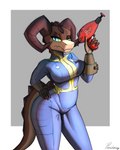 anthro blue_eyes breasts clothing female gun hand_on_hip horn jumpsuit looking_at_viewer nuka-cola pose ranged_weapon solo thick_thighs tight_clothing weapon yellow_sclera conditional_dnp paradoxing fallout microsoft deathclaw scalie 4:5 hi_res