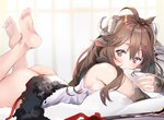 bandage barefoot blush brown_hair butt curtains feet female hair horn hug hugging_object hugging_pillow looking_aside lying pillow pink_eyes simple_background solo togo_(korlsj1235) arknights hypergryph studio_montagne eyjafjalla_(arknights) animal_humanoid bovid bovid_humanoid caprine caprine_humanoid goat_humanoid humanoid mammal mammal_humanoid 2020