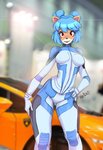 anthro armor black_nose blue_hair breasts clothed clothing detailed_background eyebrow_through_hair eyebrows eyelashes female fur hair happy looking_at_viewer red_eyes solo teeth text translucent translucent_hair krakenparty activision crash_bandicoot_(series) crash_team_racing_(series) crash_team_racing_nitro-fueled lamborghini megumi_bandicoot mammal marsupial 2020 english_text signature traditional_media_(artwork)